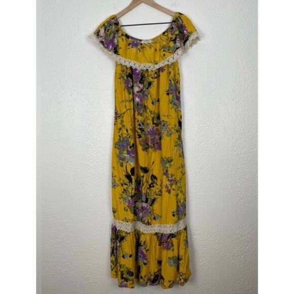 Umgee Yellow Floral Off-Shoulder Boho Maxi Dress Size Small - Picture 2 of 3
